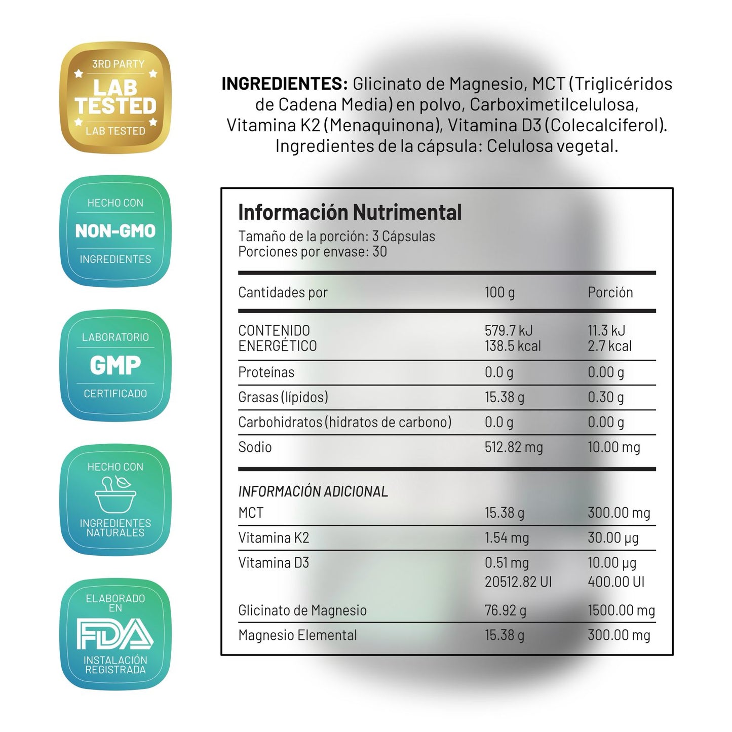 Magnemax Glicinato de Magnesio con Vitamina D3, K2 y MCT Oil | Magnemax | 90 Cápsulas