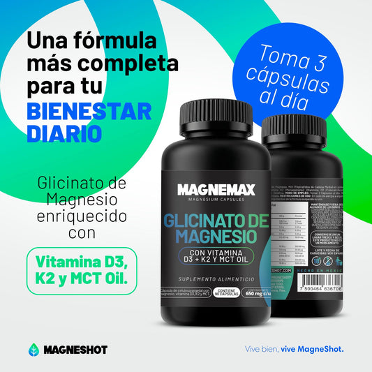 Magnemax Glicinato de Magnesio con Vitamina D3, K2 y MCT Oil | Magnemax | 90 Cápsulas