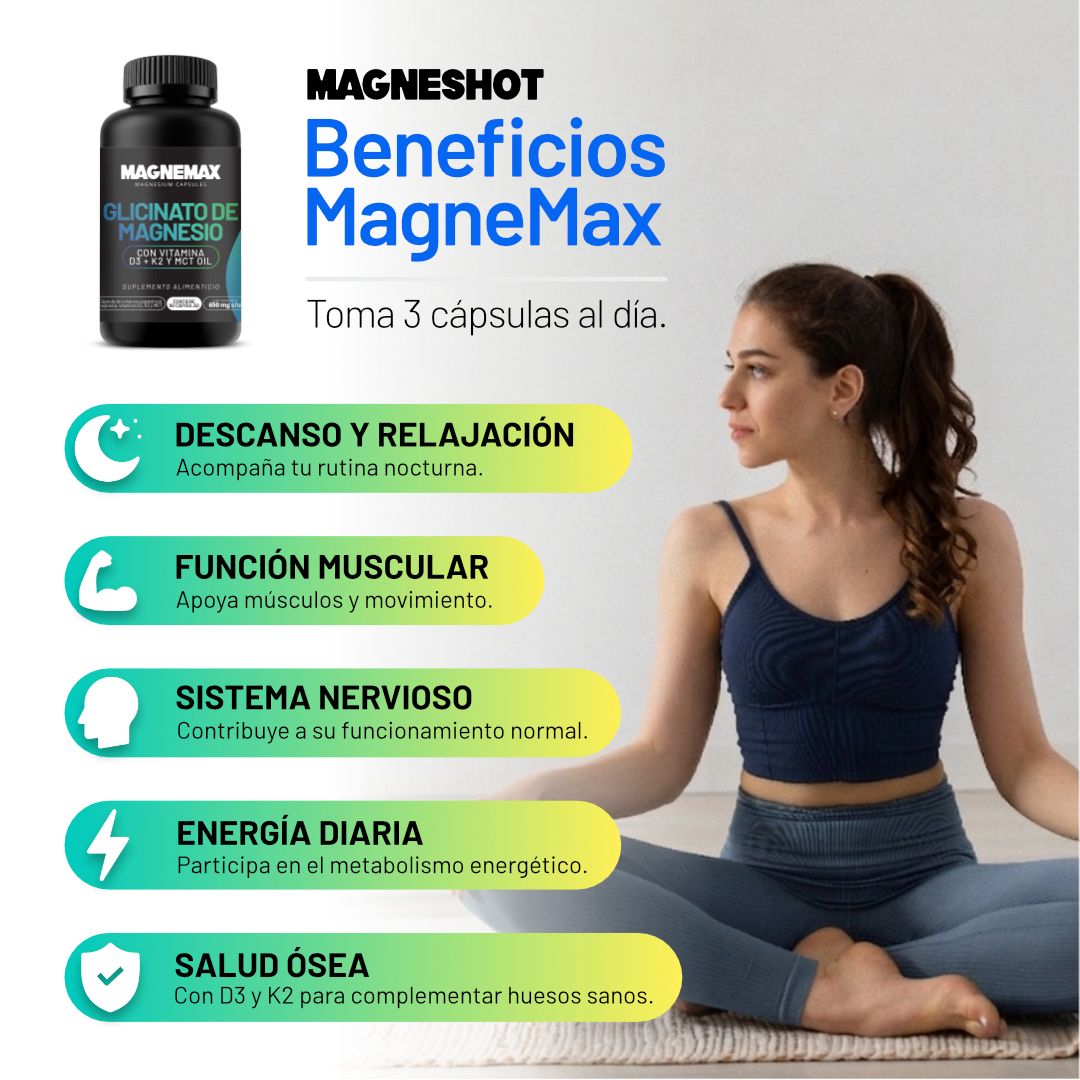 Magnemax Glicinato de Magnesio con Vitamina D3, K2 y MCT Oil | Magnemax | 90 Cápsulas